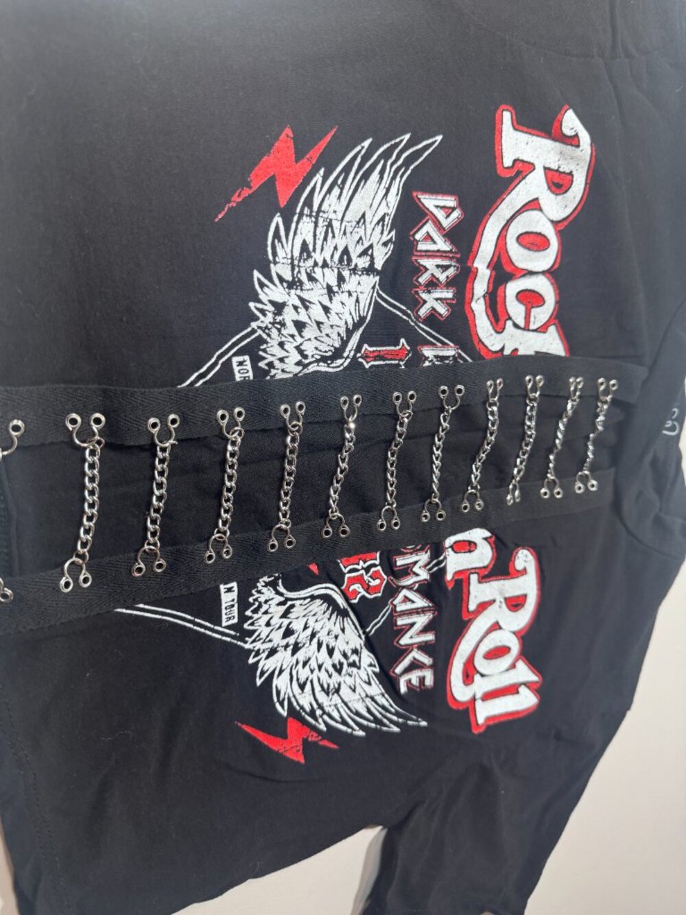 Women’s Black Rock Graphic Chain Corset Lace Up Tee Y2K Punk - Picture 2 of 9